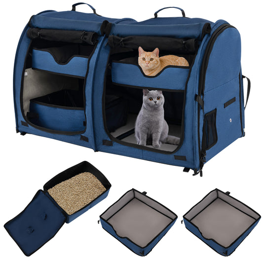 Infans Portable Pet Carrier Kennel Cat Dog Crate Twin Compartments w/ Mats Litter BoxNavy Blue