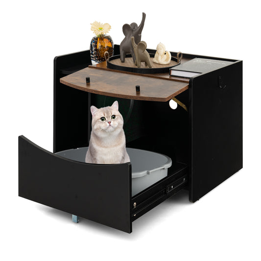Infans Cat Litter Box Enclosure w/Pull-out Drawer Flip Door Rolling Caster Indoor Black