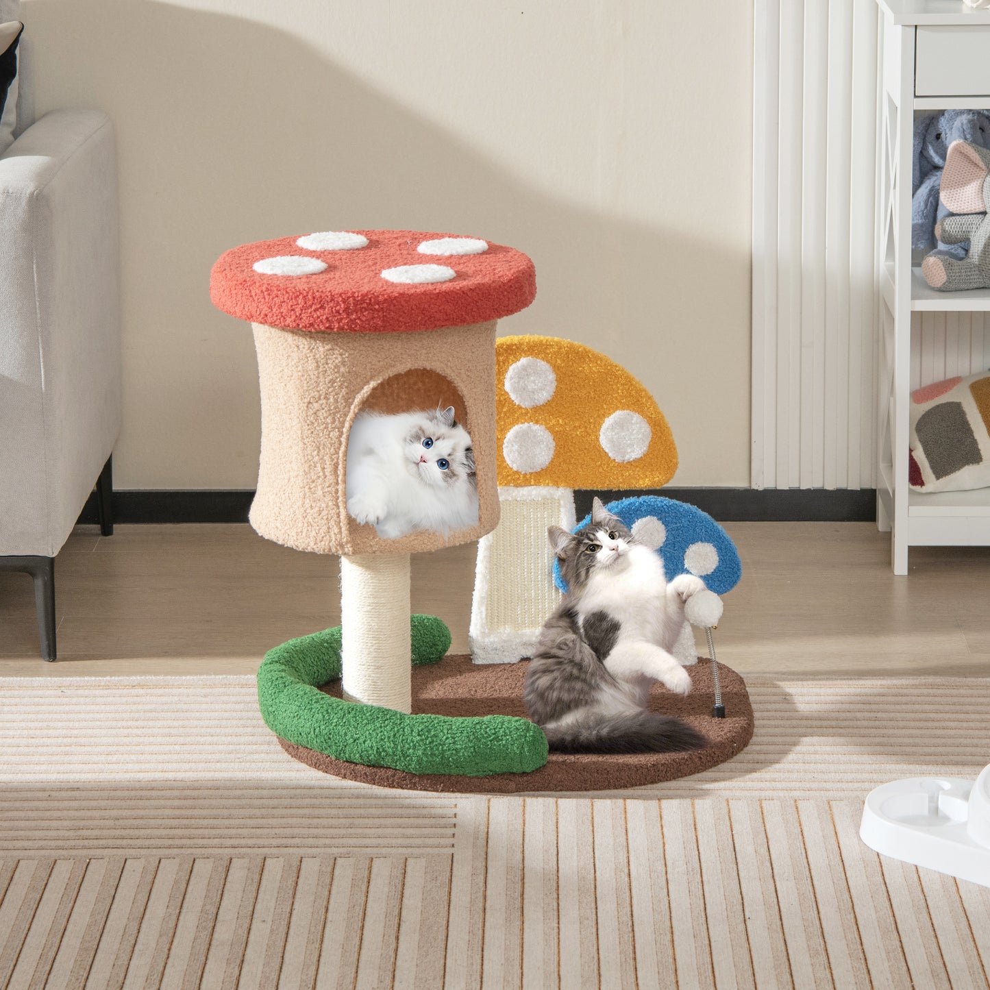 Infans 23.5 Inch Tall Mushroom Cat Activity Center w/ Scratching Board & Spring Ball