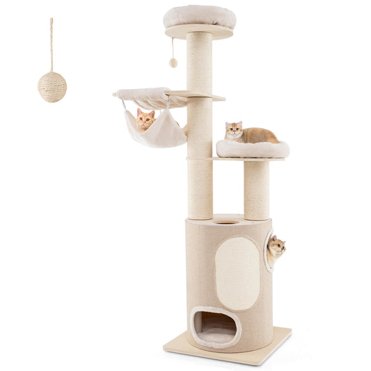 Infans 74 inch Tall Wooden Cat Tower Tree w/ 2-Story Cat Condo 2-Style Hammocks