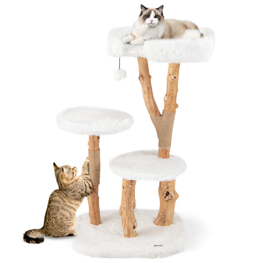 Infans Solid Wood Cat Tree w/ Perch Natural Jute Scratching Posts Dangling Ball