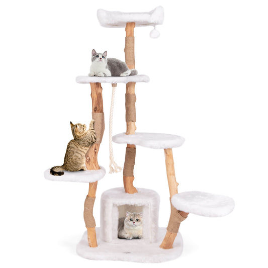 Infans 66 inch Tall Solid Wood Cat Tree w/ Perch Condo Jute Scratching Posts Sisal Rope
