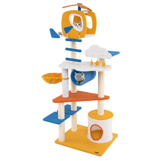 Infans 70 inch Tall Aviation-themed Cat Tree w/ Helicopter Top Perch Platforms, Basket Bed