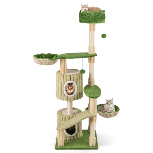 Infans 63inch Tall Cat Tree w/ 2 Condos Plush Padded Top Perch 2 Hammocks 2 Dangling Balls