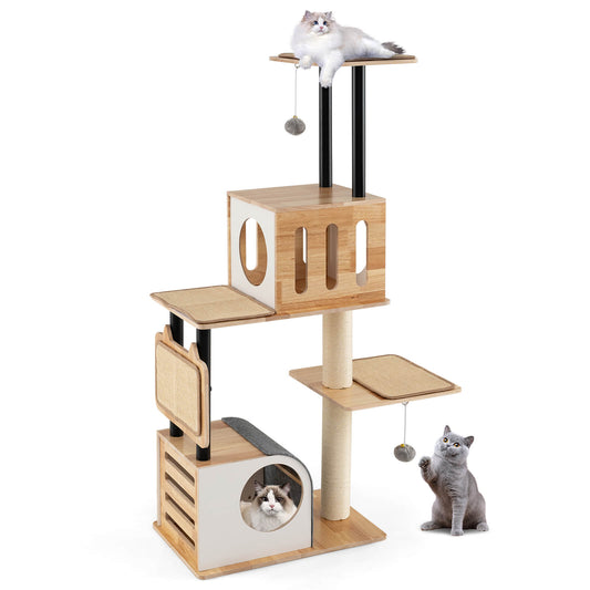 Infans Wood Cat Tree w/Dual Cat Condos Sturdy Metal Tubes Frame Sisal Scratching Posts