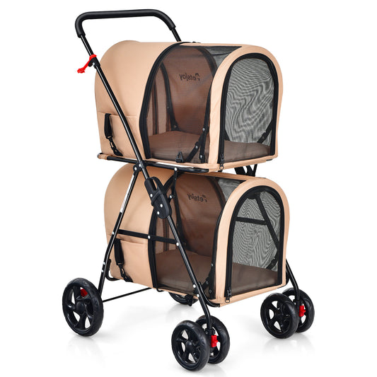 Infans 4-in-1 Double Pet Stroller w/ Detachable Carrier Travel Carriage for Cats Beige