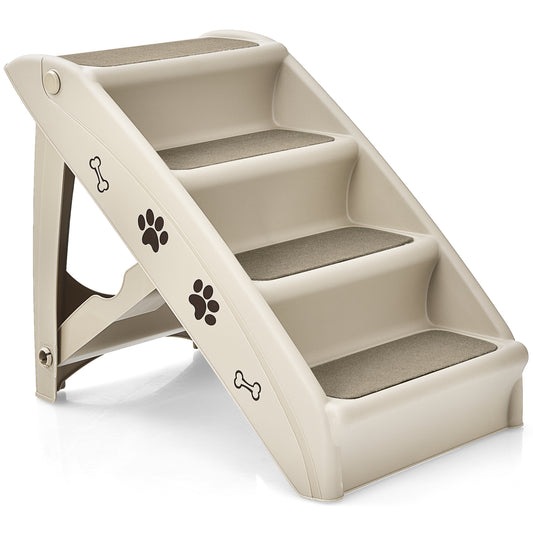 Infans 4 Steps Folding Pet Dog Stairs w/ Safe Side Rail for Indoor Outdoor Beige