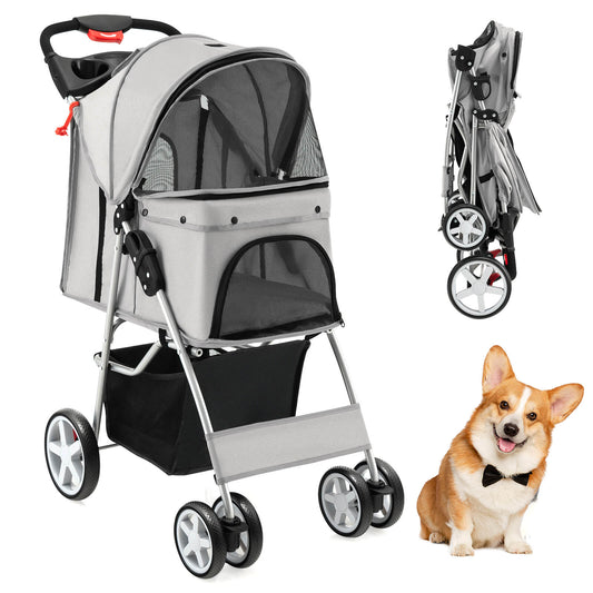 Infans Folding Pet Stroller 4-Wheel Pet Travel Carrier w/Storage Basket Gray