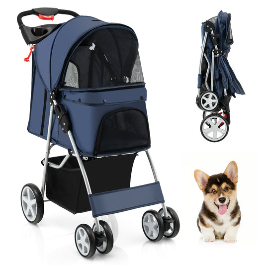 Infans Folding Pet Stroller 4-Wheel Pet Travel Carrier w/Storage Basket Navy