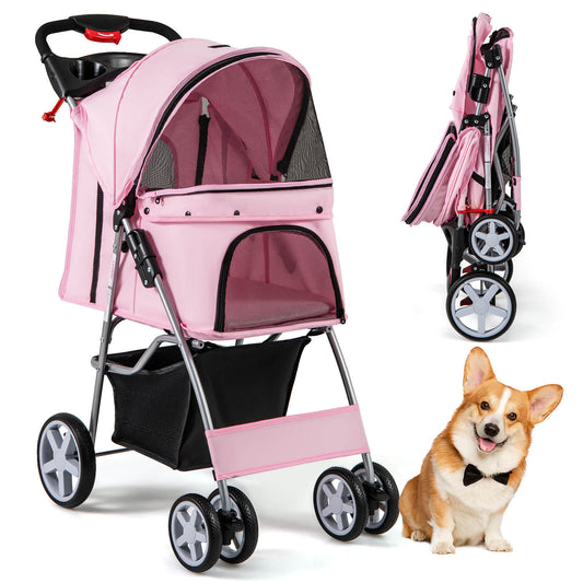 Infans Folding Pet Stroller 4-Wheel Pet Travel Carrier w/Storage Basket Pink