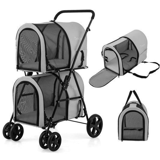 Infans 4-in-1 Double Pet Stroller w/ Detachable Carrier Travel Carriage for Cats Gray