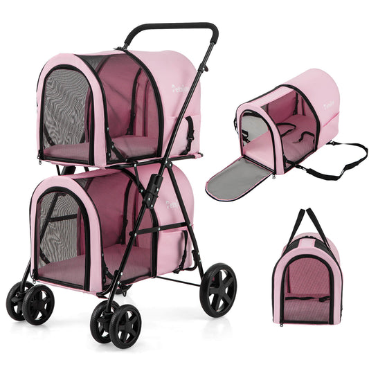Infans 4-in-1 Double Pet Stroller w/ Detachable Carrier Travel Carriage for Cats Pink
