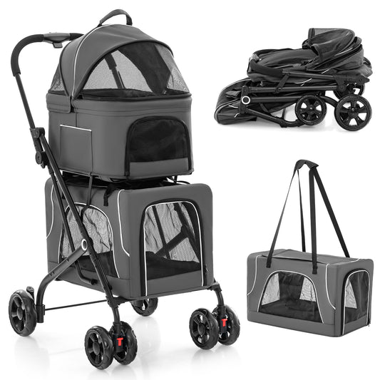 Infans Double Pet Stroller for 2 Dogs or Cats w/ 2 Detachable Carriers Safety BeltGray