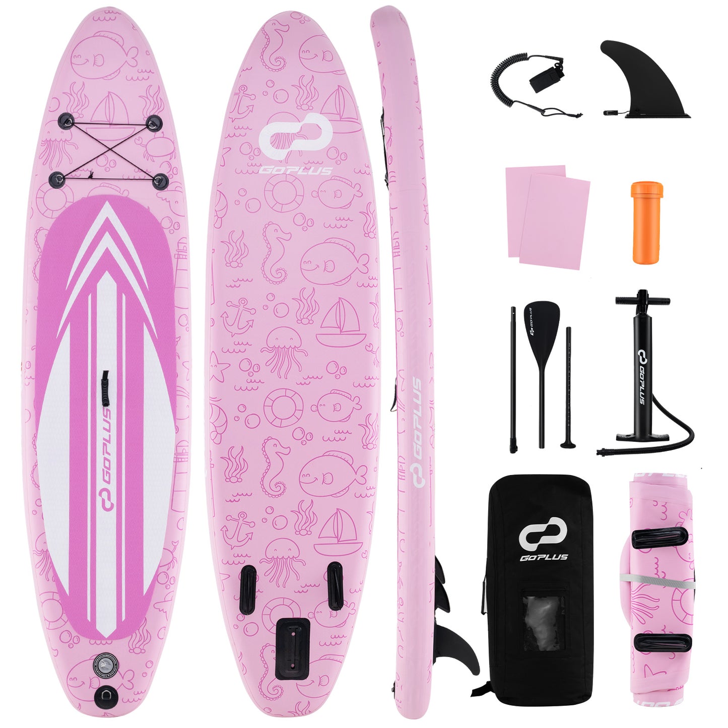 Infans Inflatable Stand up Paddle Board w/ 3 Fins Backpack Non-slip Deck PumpPink+White