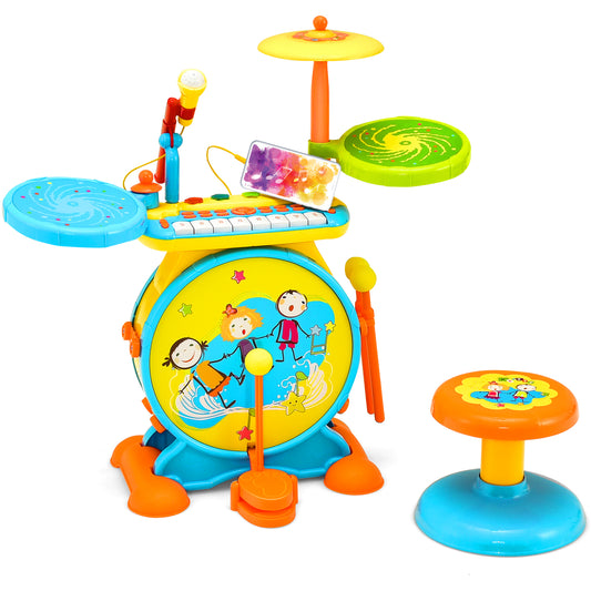 Infans 2-in-1 Kids Electronic Drum Kit Music Instrument Toy w/ Keyboard Microphone Blue