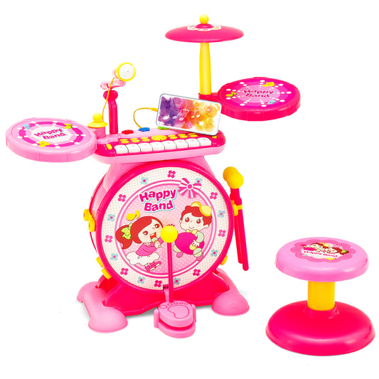 Infans 2-in-1 Kids Electronic Drum Kit Music Instrument Toy w/ Keyboard Microphone Pink