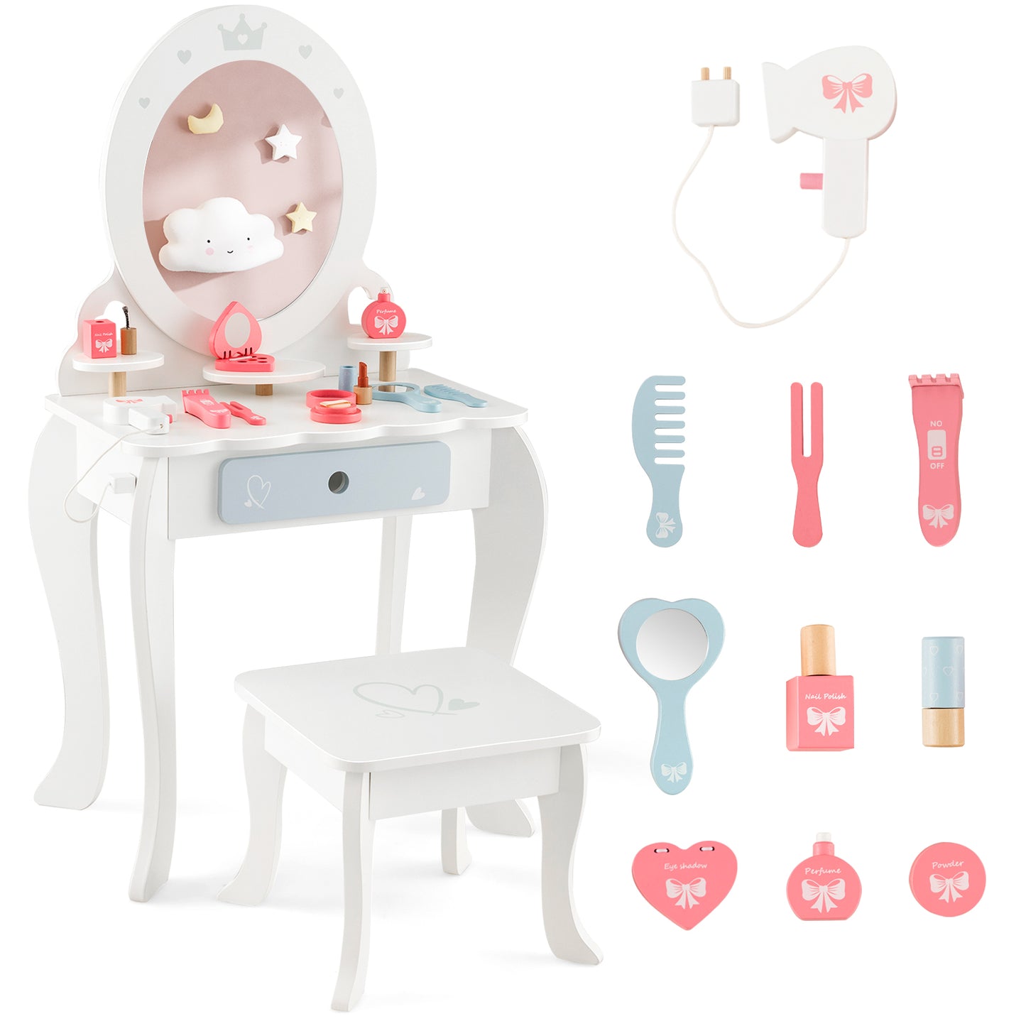 Infans Kids Vanity Set Makeup Table & Chair Sweet Accessories Included Storage Drawer