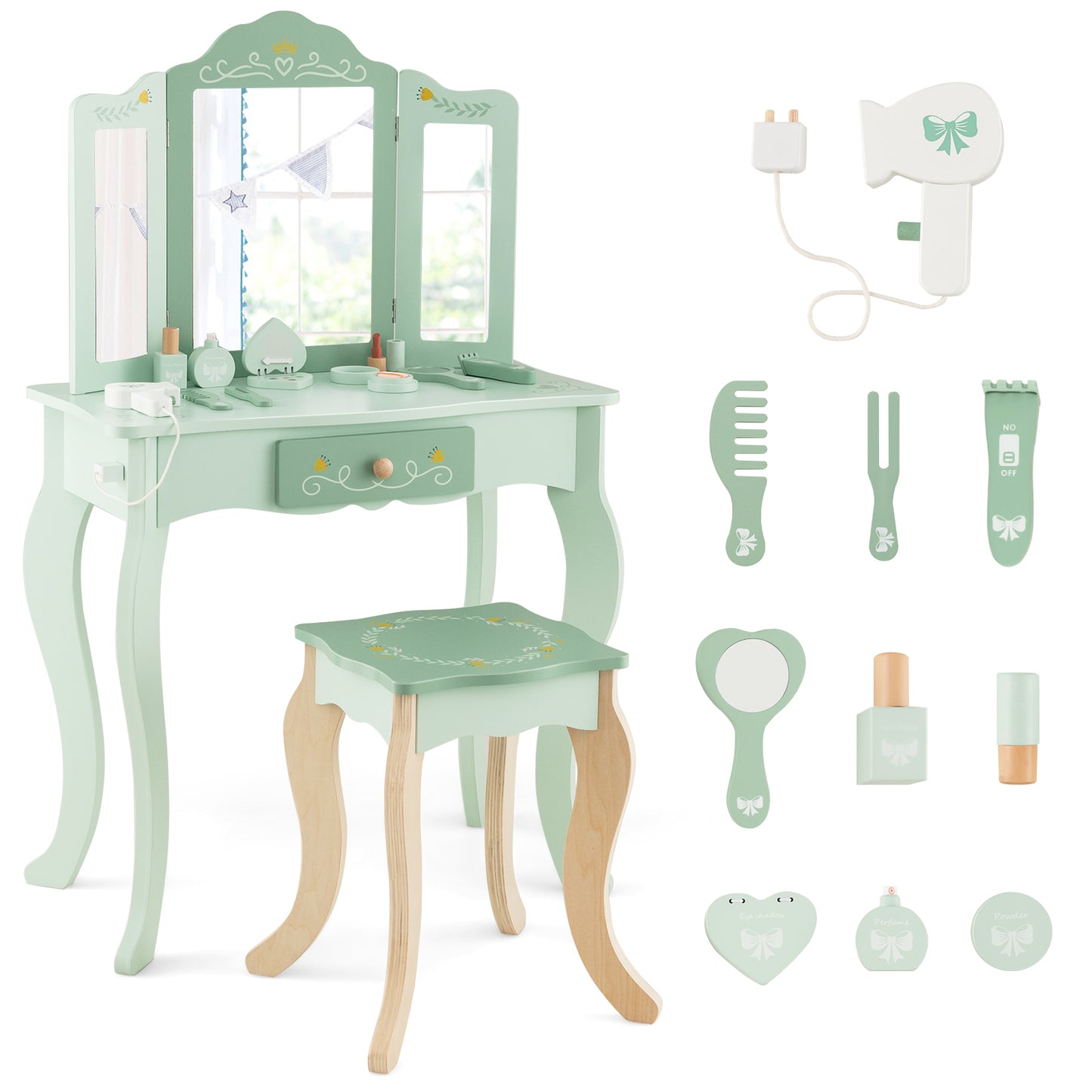 Infans Kids Vanity Set Makeup Table & Chair Tri-folding Mirror Sweet Accessories Green