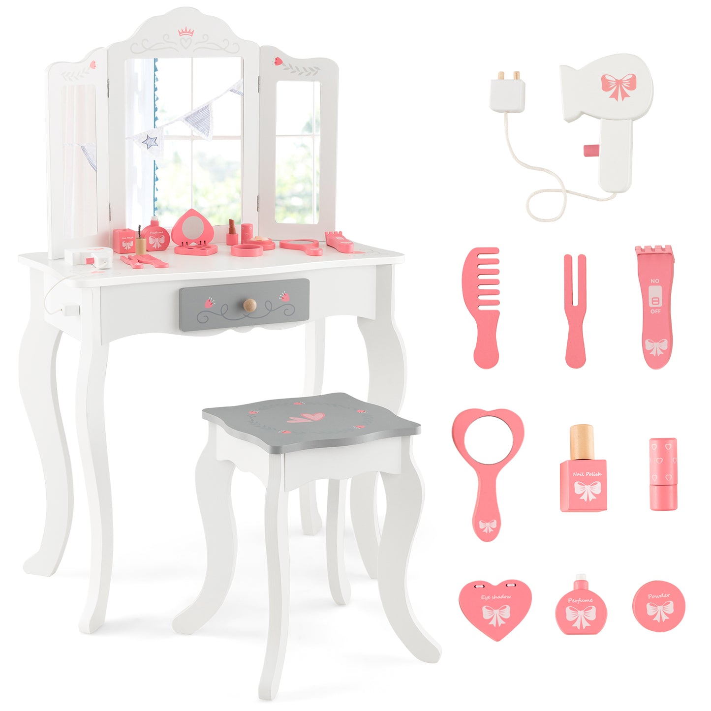 Infans Kids Vanity Set Makeup Table & Chair Tri-folding Mirror Sweet Accessories White