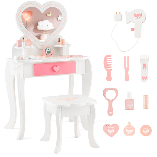 Infans Kids Vanity Set Makeup Table Chair Set Heart-shaped Mirror Accessories Included
