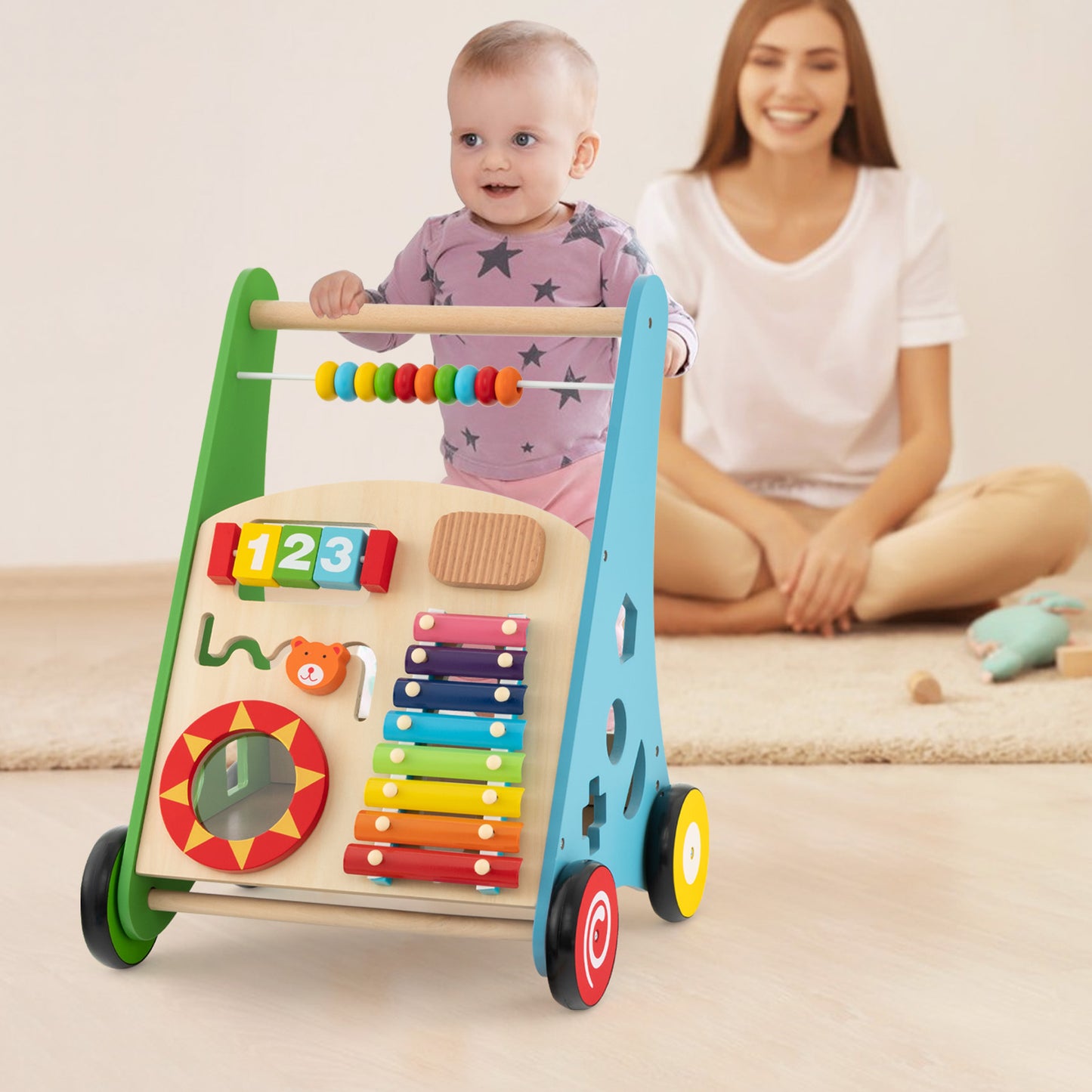 Infans Wooden Baby Walker Toddler Push and Pull Walker Learning Activity Center Toy