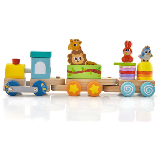Infans Wooden Stackable Train Set Kids Educational Fun Cars w/ Animal Toys & Locomotive