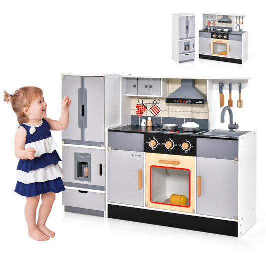 Infans Kids Wooden Pretend Play Kitchen Toddlers Toy with Refrigerator & Accessories