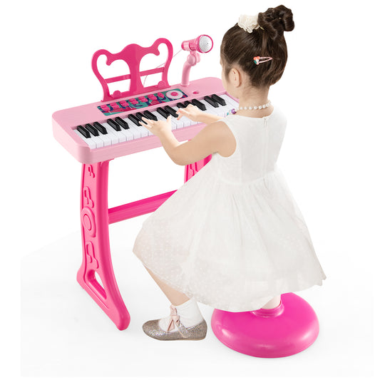 Infans 37-Key Kids Piano Keyboard Toy Musical Electronic Instrument with Stool Pink