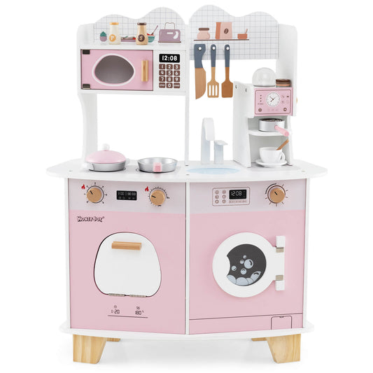 Infans Wooden Kids Kitchen Playset Pretend Play Kitchen w/ Coffee Maker & Microwave