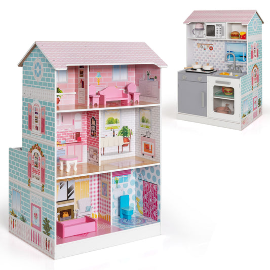 Infans 2-In-1 Double Sided Kids Kitchen Playset & Dollhouse W/ Accessories & Furniture