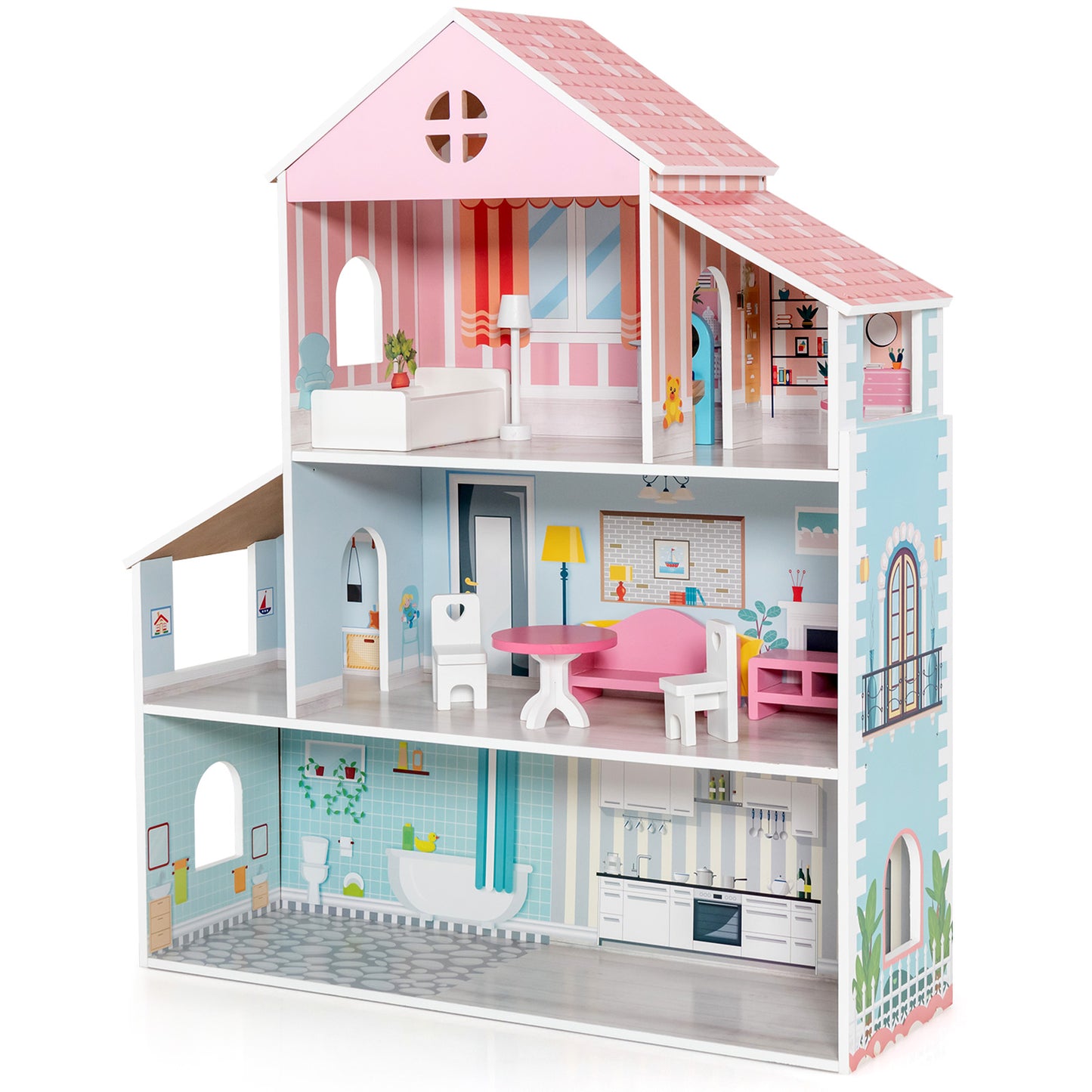 Infans Wooden Dollhouse For Kids 3-Tier Toddler Doll House W/Furniture Gift For Age 3+