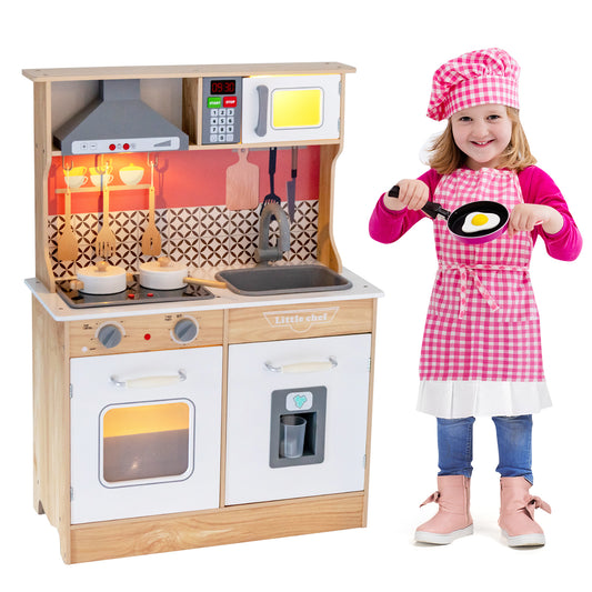 Infans Wooden Kitchen Playset Multi-Functional Pretend Cooking Set w/ Lights & Sounds