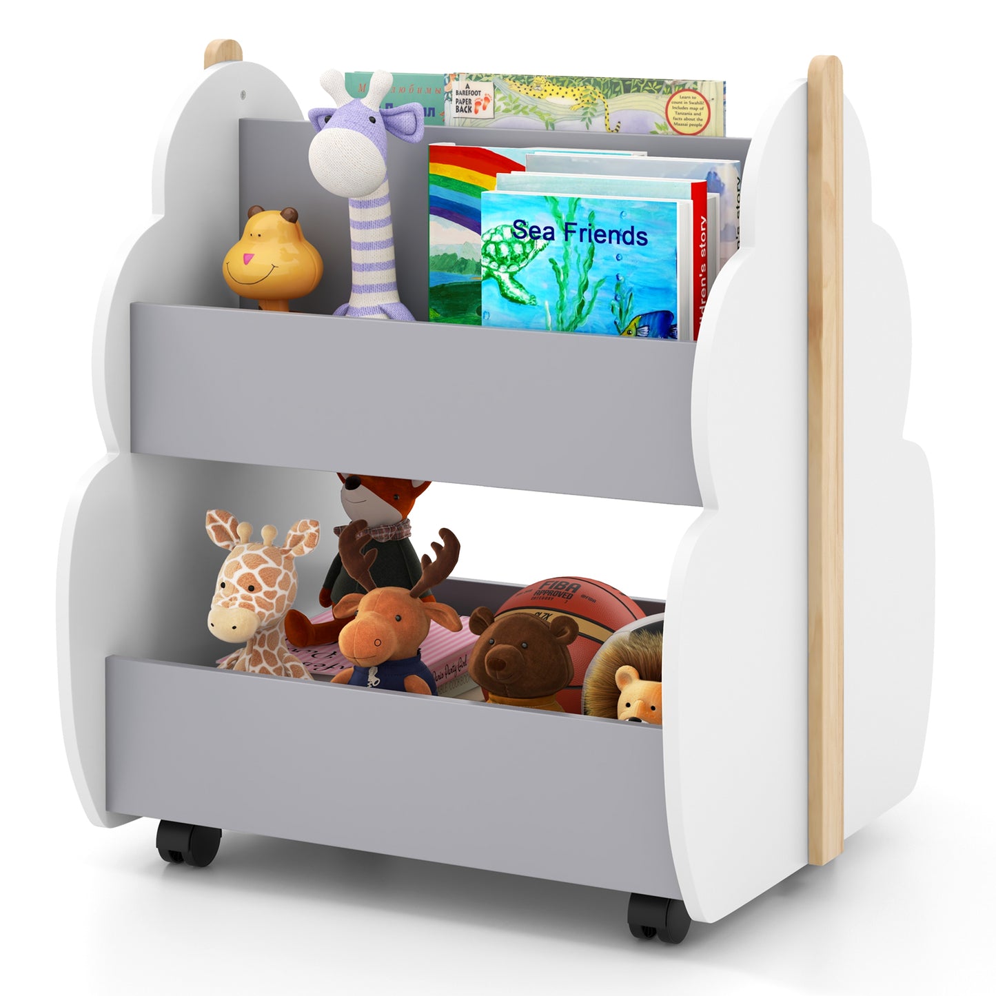Infans Kids Wooden Bookshelf w/ Wheels 2-Tier Toy Storage Shelf Double-sided Bookcase