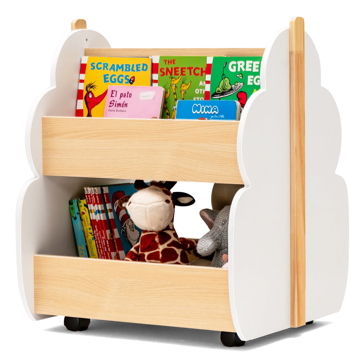 Infans Kids Wooden Bookshelf w/Universal Wheels 2-Tier Storage Shelf Toddler Bookcase