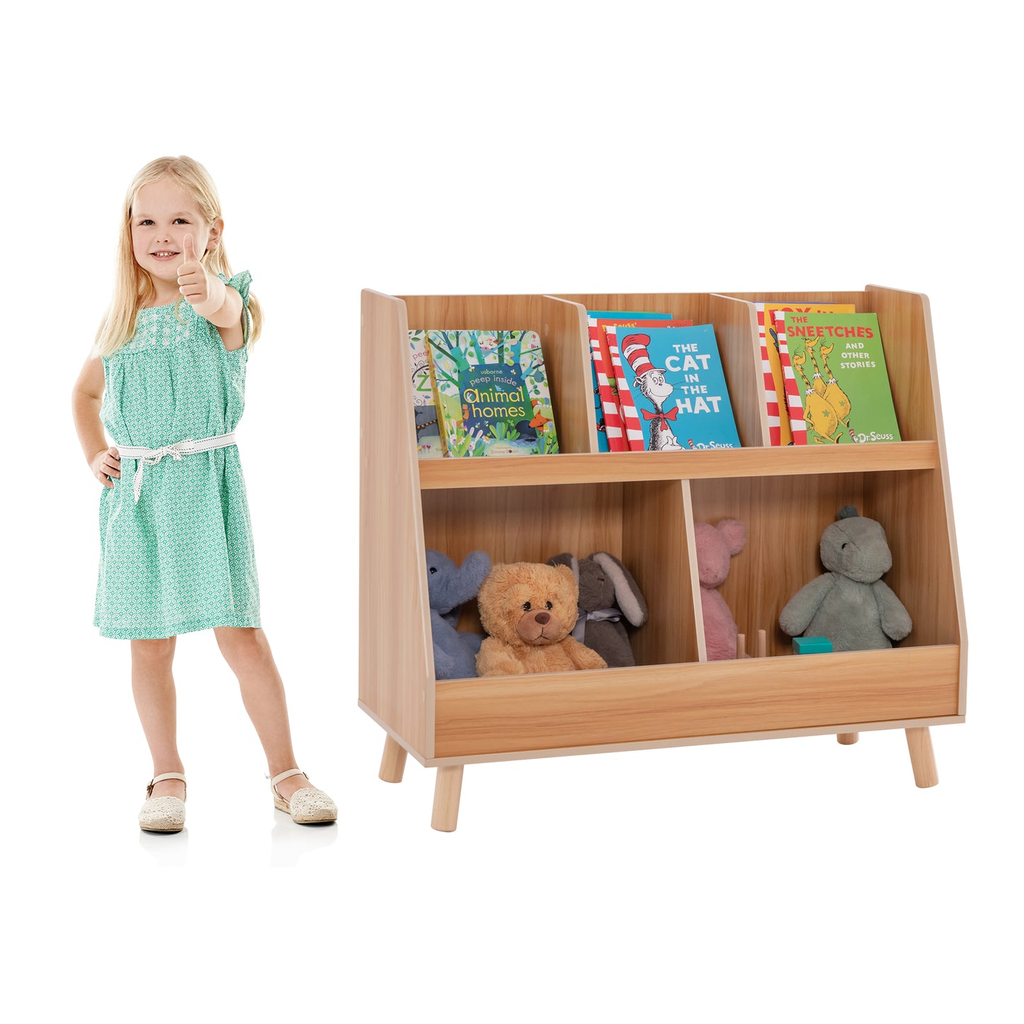 Infans 5-Cube Kids Bookshelf and Toy Organizer Wooden Storage Bookcase w/ Wood Legs