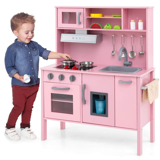 Infans Kids Kitchen Playset Wooden Pretend Play Chef Toy w/ Microwave & Accessories