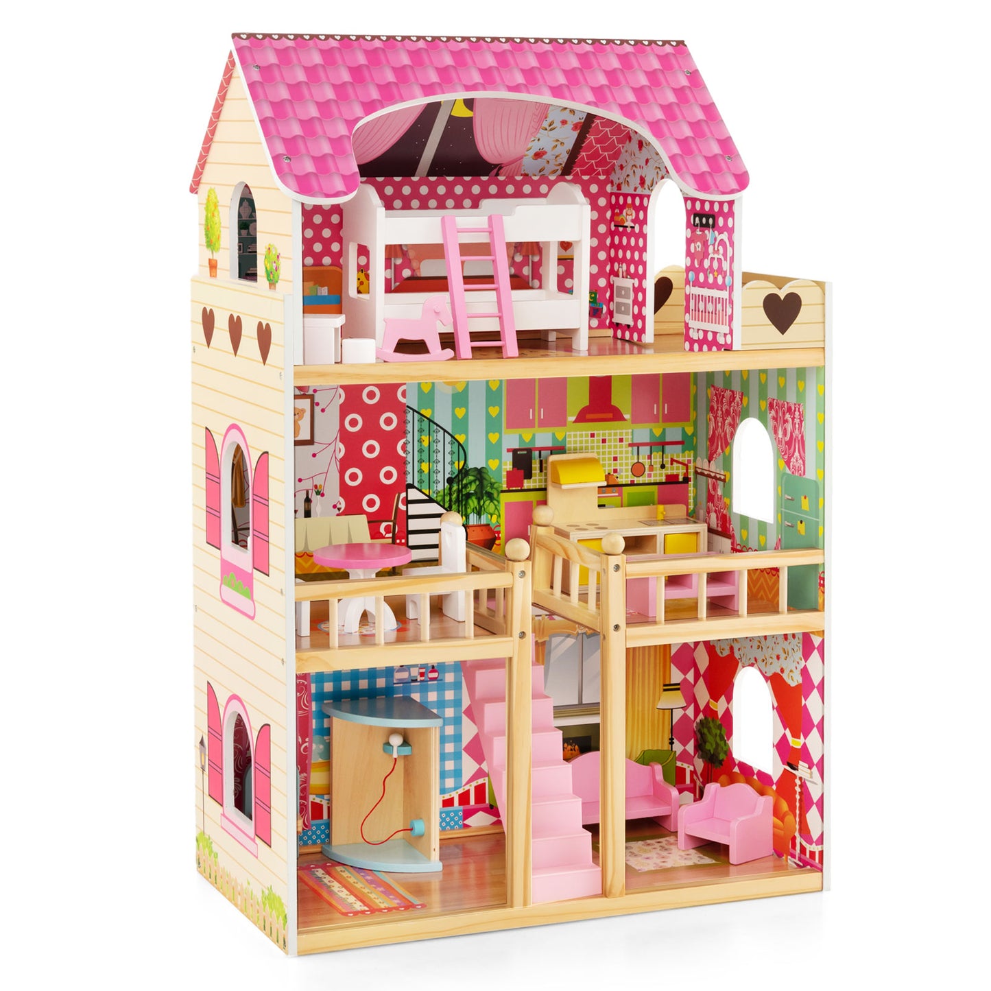 Infans Kids Wooden Dollhouse Toddler DIY Pretend Playhouse w/ 15 Furniture Accessories