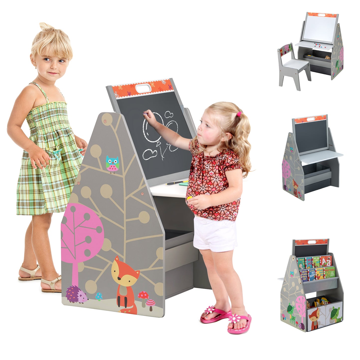Infans Kids Table and Chair Set with Rotatable Double-sided Magnetic Blackboard and WhiteboardGrey