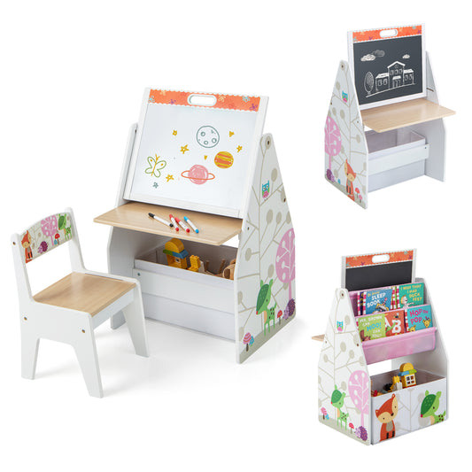 Infans Kids Table & Chair Set w/Rotatable Double-sided Magnetic Blackboard & WhiteboardWhite