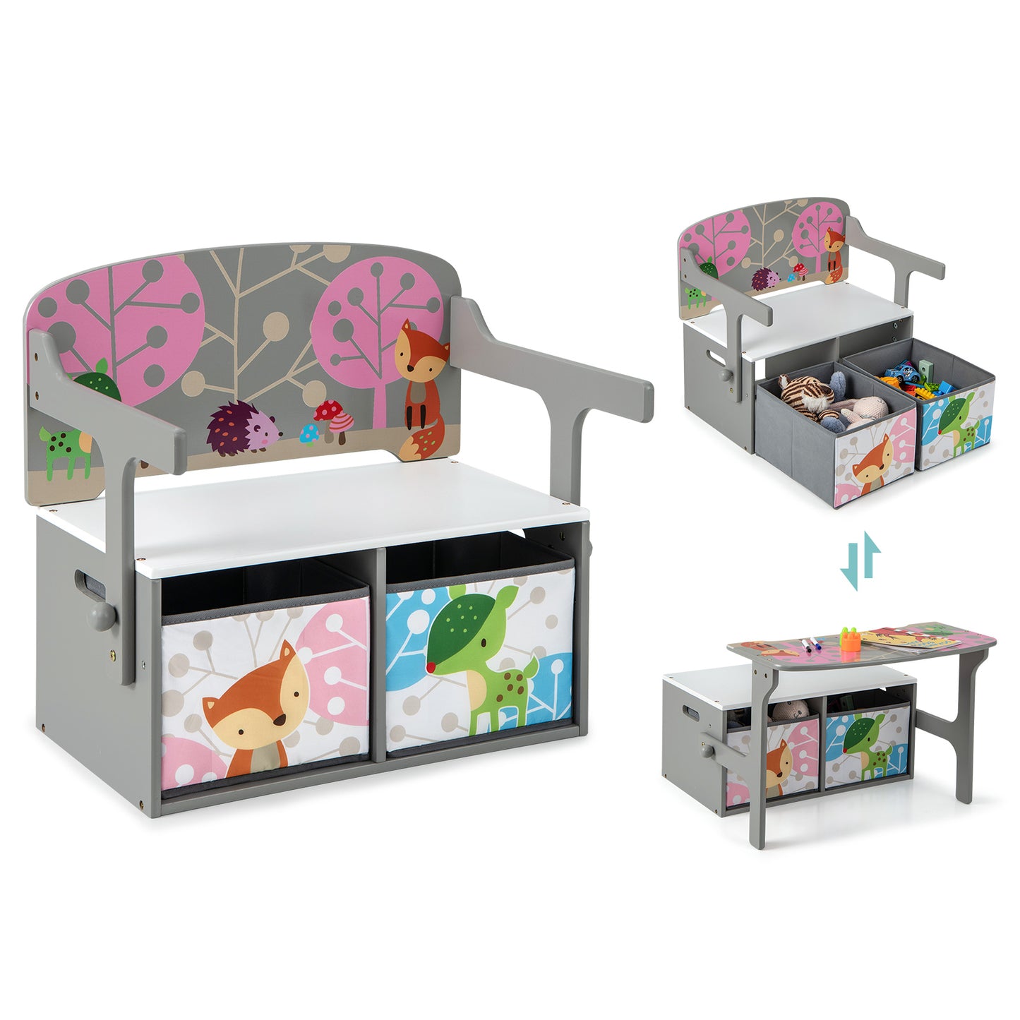 Infans 3 in 1 Kids Convertible Activity Bench Children Table & Chair Set w/ 2 BinsGrey