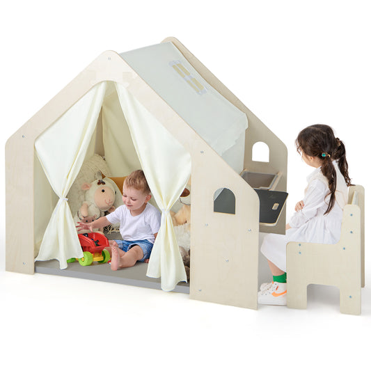 Infans 6-in-1 Kids Playhouse Wooden Indoor Play Tent w/ Blackboard, Desk Table, Chair