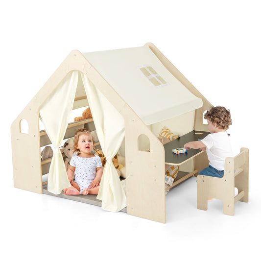 Infans 6-in-1 Kids Playhouse Wooden Play Tent w/Blackboard, Desk, Chair, 6 Storage Bins