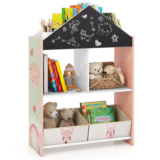 Infans Kids Dollhouse Bookshelf w/ Writable Chalkboard Whiteboard 4 Top CompartmentsPink