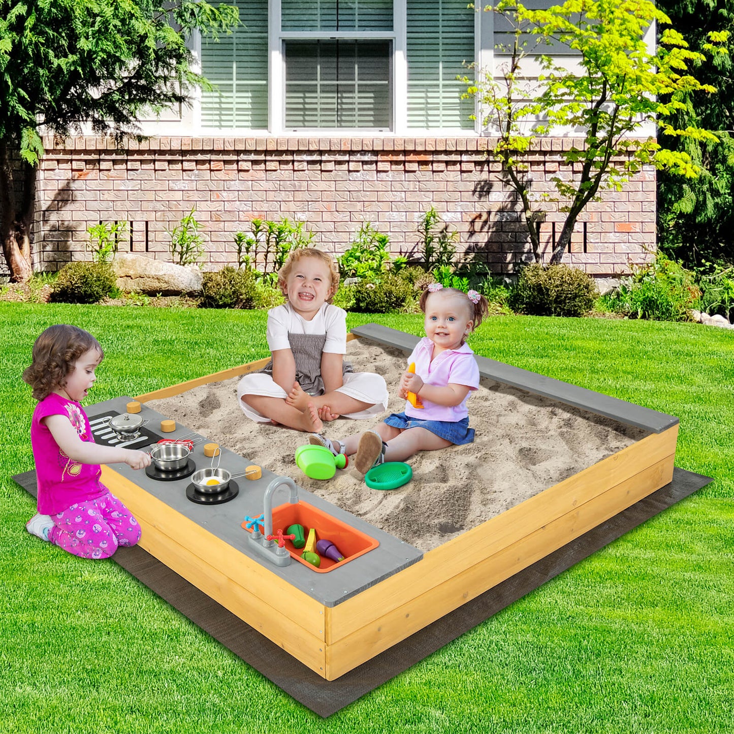 Infans Kids Sandbox Outdoor Wooden Sandpit w/ Bottom Liner Creative Cooking Area
