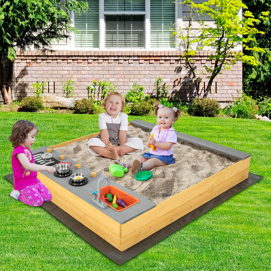 Infans Kids Sandbox Outdoor Wooden Sandpit w/ Bottom Liner Creative Cooking Area