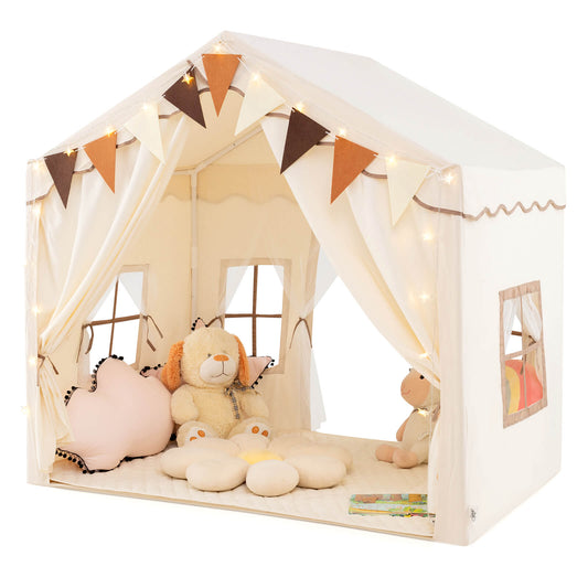 Infans 3-4 Kids Large Play Tent House w/ 2 Opening Doors Star Lights & Plaid PennantsBeige