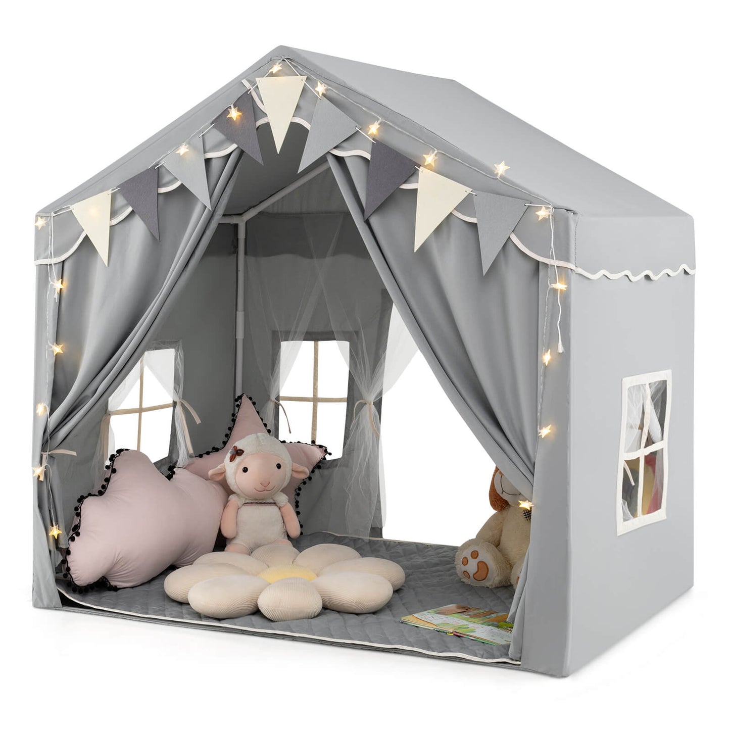 Infans 3-4 Kids Large Play Tent House w/ 2 Opening Doors Star Lights & Plaid PennantsGray