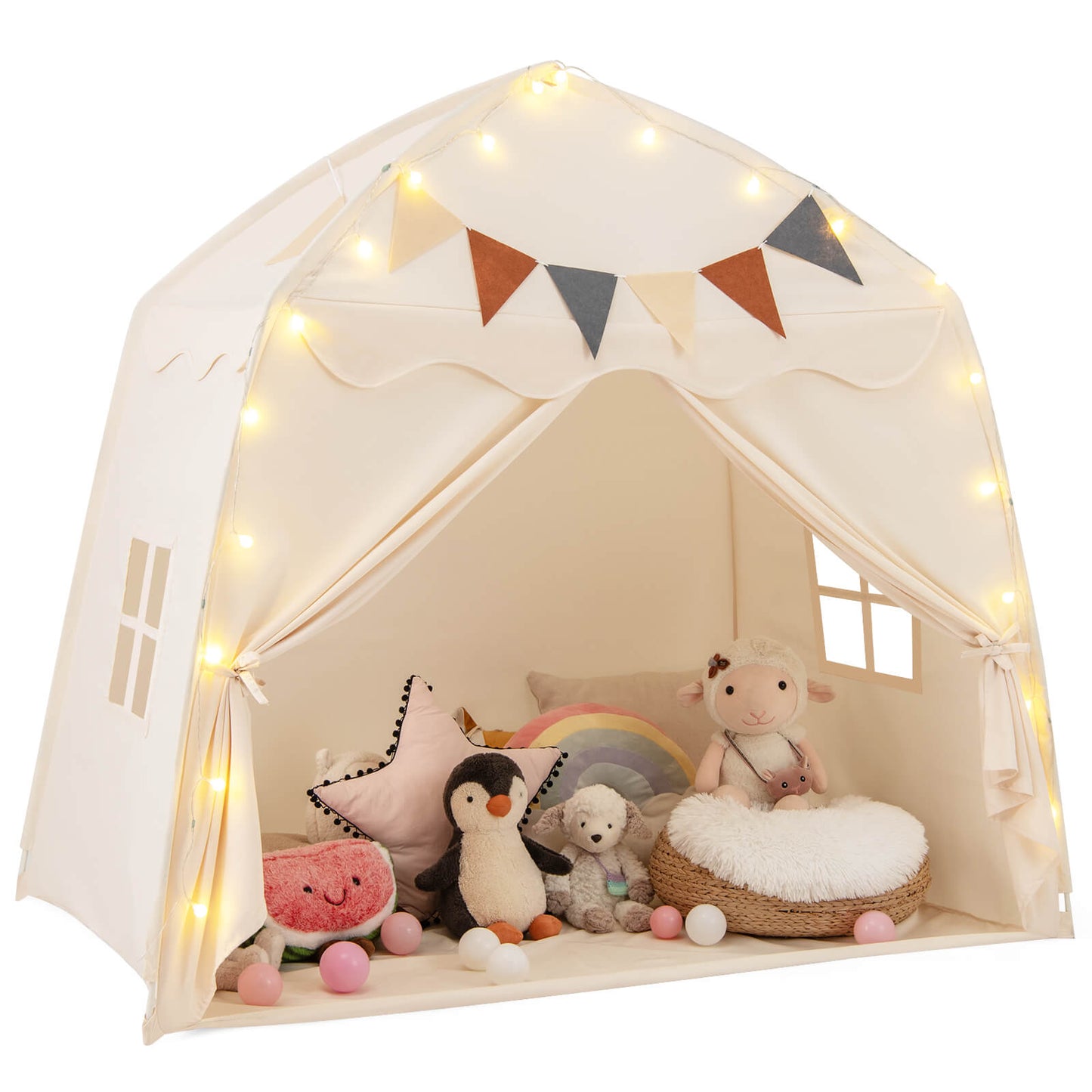 Infans Kids Play Tent w/Flags and Globe String Lights for 3-12 Years Old Indoor OutdoorBeige