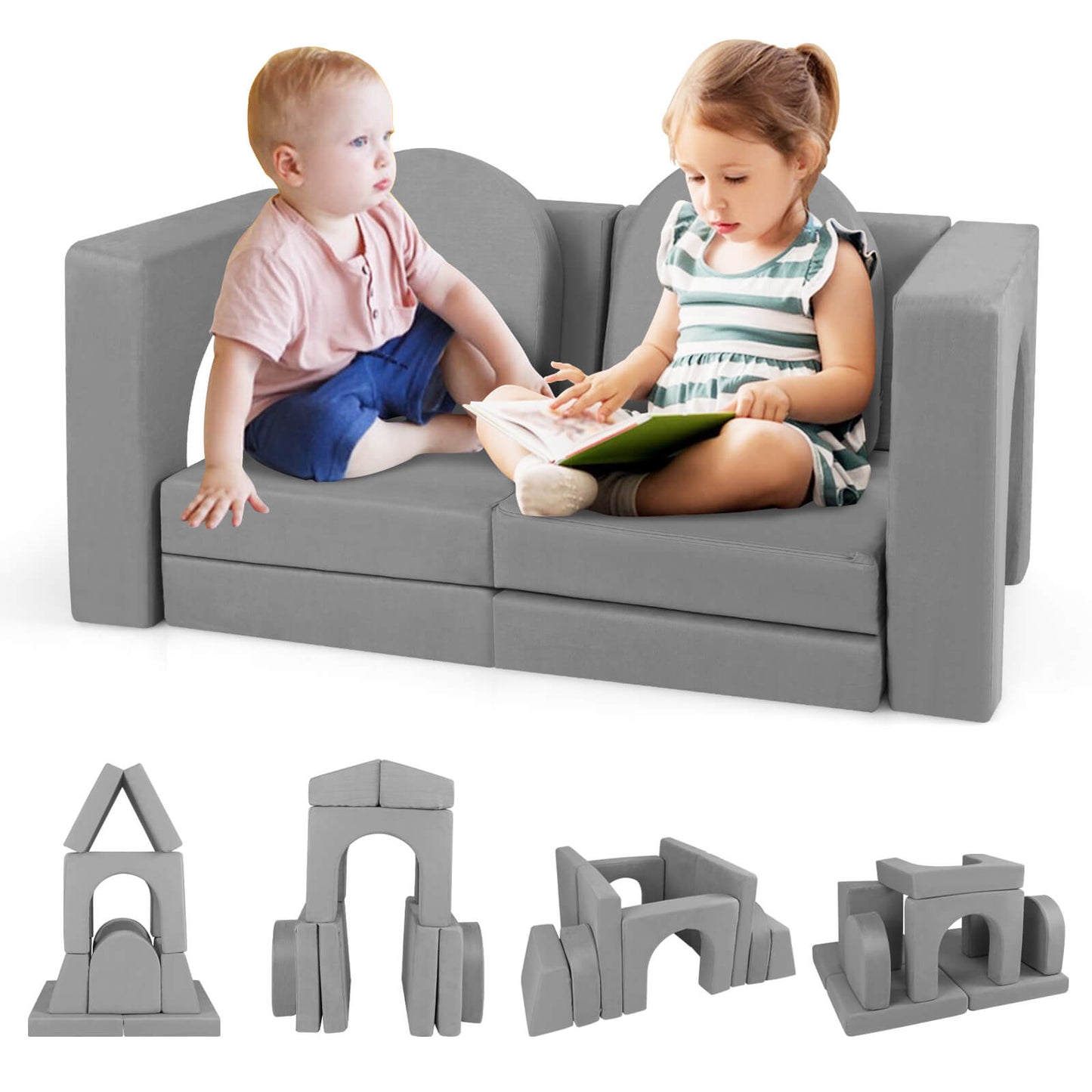 Infans 8 PCS Modular Kids Play Couch Sofa with Suede Fabric Cover High-Density FoamGrey