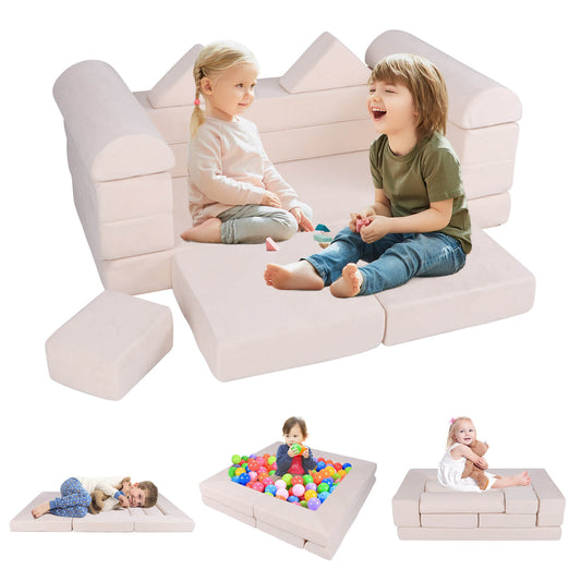 Infans Kids Modular Play Couch Play Set w/ Suede Fabric Cover High-Density FoamBeige